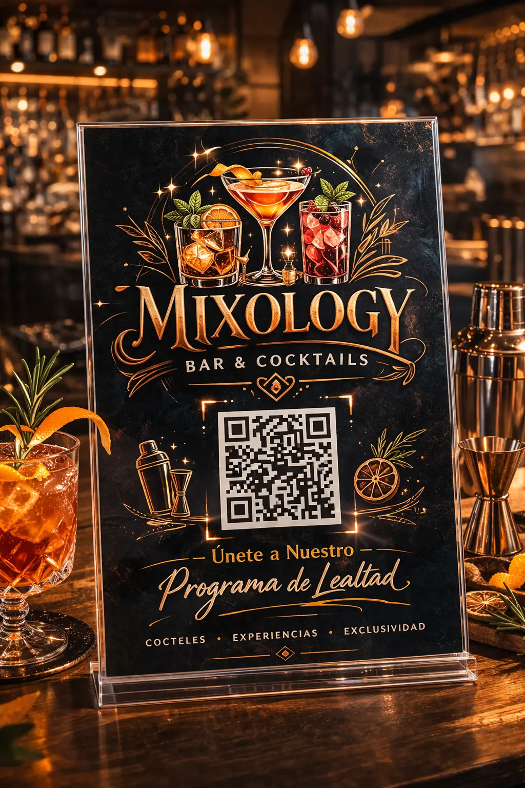 Bartender sirviendo un coctel en una barra con iluminación cálida.