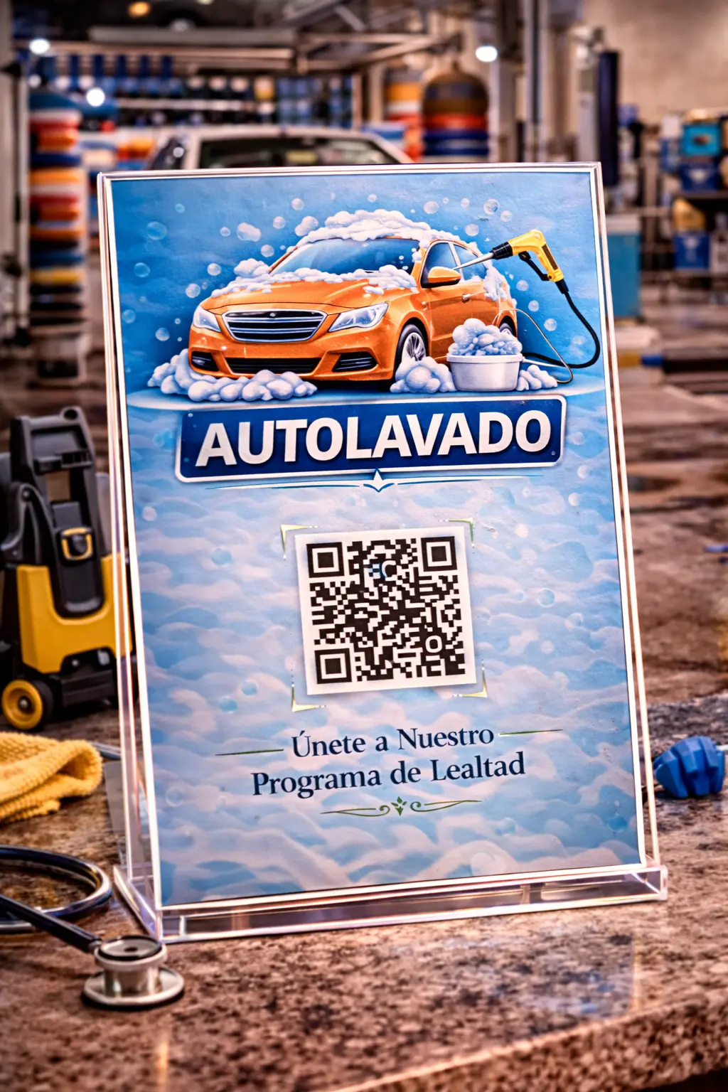 Automóvil siendo lavado en una bahía moderna con espuma en el cofre.