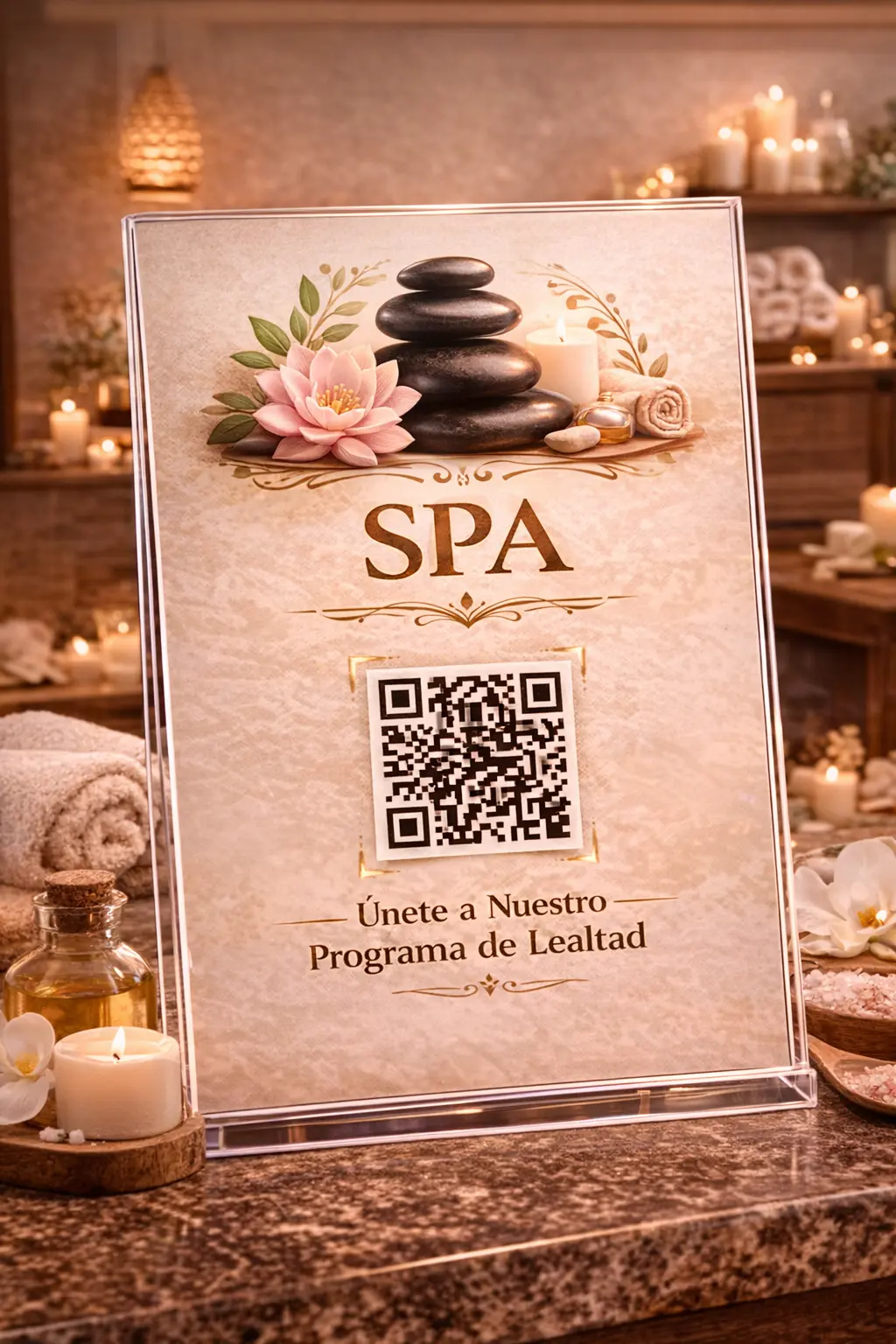 Sala de tratamiento de spa con camilla de masaje y luz de velas.